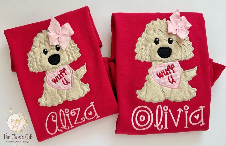 Puppy theme Valentine shirt, Wuff You red valentine shirt for girls image 3