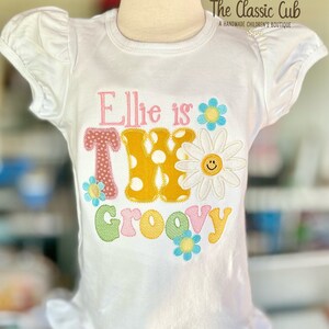 Two Groovy theme birthday shirt or bodysuit for girls with daisies image 2