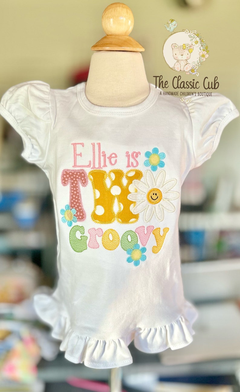 Two Groovy theme birthday shirt or bodysuit for girls with daisies image 2