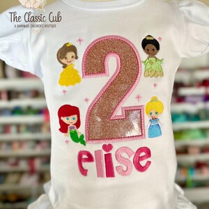 Princess theme birthday shirt or bodysuit, Princesses Birthday Shirt, Elsa, Ariel, Rapunzel, Belle | Any Age image 3
