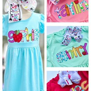 School dress for girls with embroidered name, choose pink, aqua, mint or red dress