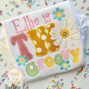 Two Groovy theme birthday shirt or bodysuit for girls with daisies image 1