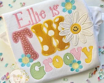Two Groovy theme birthday shirt or bodysuit for girls with daisies