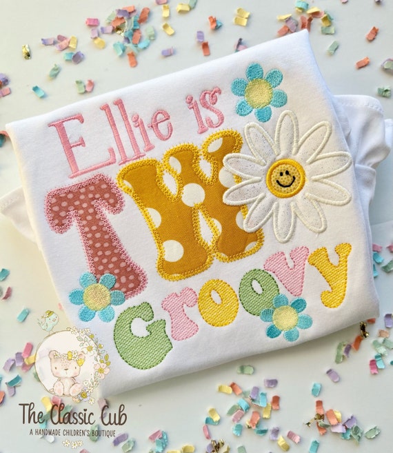 Two Groovy theme birthday shirt or bodysuit for girls with daisies