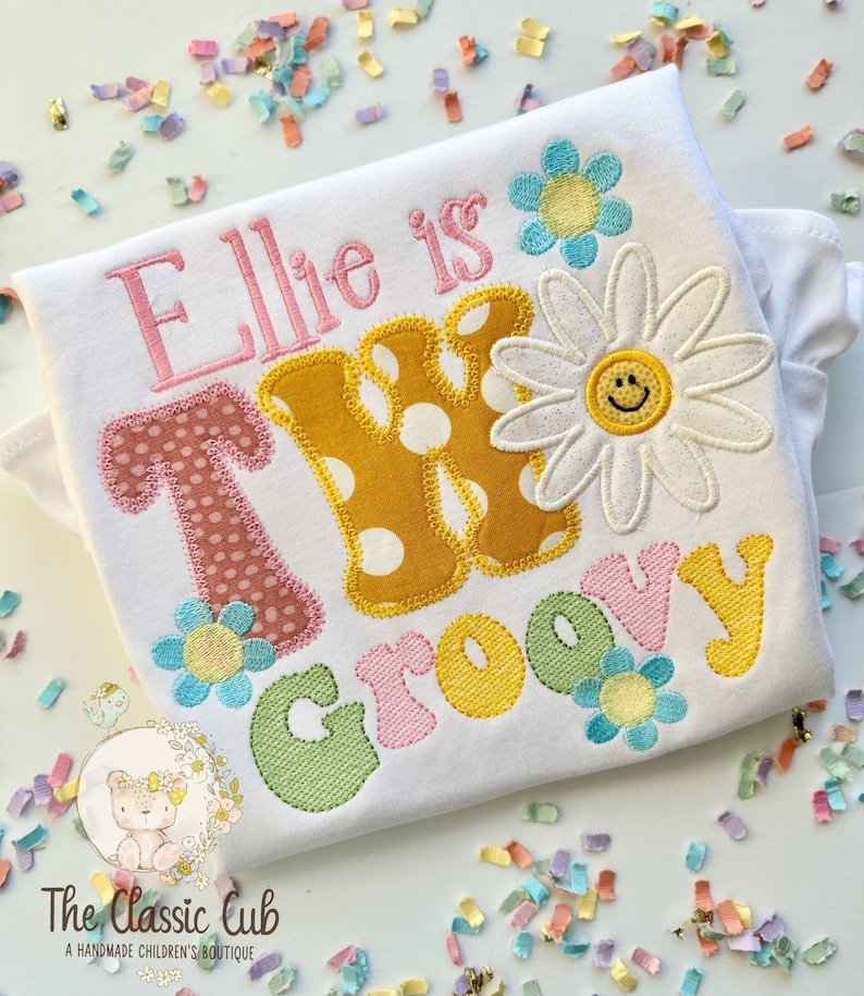 Two Groovy theme birthday shirt or bodysuit for girls with daisies image 1