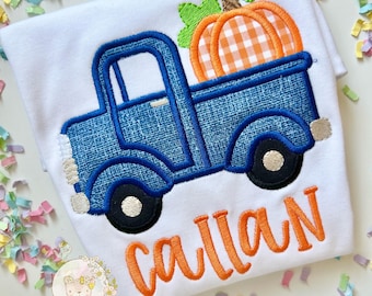 Pumpkin patch Outfit for boys with a truck shirt, optional gingham pants