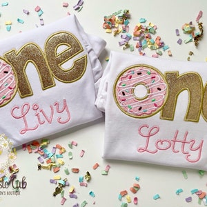 Donut 1st birthday shirt or bodysuit in pink and gold