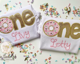 Donut 1st birthday shirt or bodysuit in pink and gold