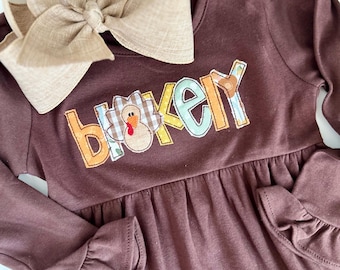 Thanksgiving Turkey dress for girls with embroidered name