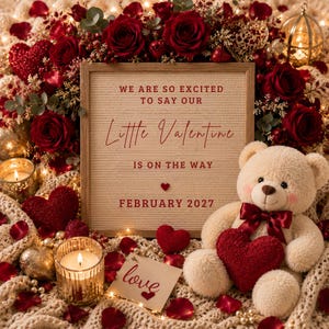 Könnte beinhalten: Ein beiges Filz-Buchstabenbrett mit dem Text WE ARE SO EXITED TO SAY OUR Little Valentine IS ON THE WAY FEBRUARY 2027, umgeben von roten Rosen, einem cremefarbenen Teddybären mit rotem Herz, brennenden Kerzen und einer Karte mit dem Wort love.