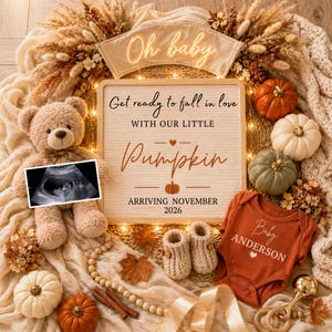 Anuncio de embarazo de otoño: Anuncio de embarazo de la pequeña calabaza, revelación de género neutro en redes sociales, plantilla digital de Canva para redes sociales