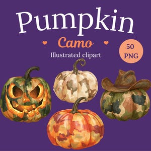 Puede incluir: Conjunto de imágenes prediseñadas digitales con cuatro calabazas con patrones de camuflaje sobre un fondo morado. El texto dice Pumpkin Camo, Illustrated clipart y 50 PNG. Una calabaza es una linterna, una lleva un sombrero vaquero, dos son lisas.