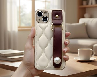Leather Pearl Wrist Strap iPhone Case with Water Ripple Stand Holder for iPhone 11-17