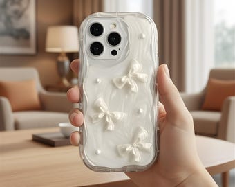 Coquette 3D Bow Pearl iPhone Case – Soft Silicone Shockproof Cover for iPhone X-16