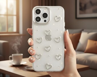 Bling Metal Heart Glitter iPhone Case – Clear Sparkle Cover for iPhone 11-17 Series