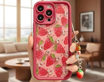 Strawberry Floral Phone Case with Pendant Charm – Protective Cover for iPhone 7-17 Series