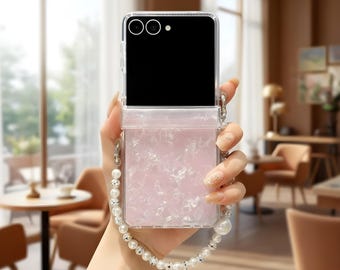 Luxury Shell Pattern Beaded Bracelet Case – Wrist Chain Acrylic Cover for Galaxy Z Flip