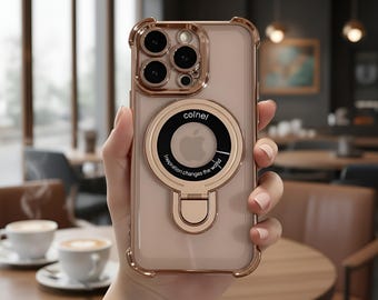 Plated iPhone Case with Magnetic Stand, Shockproof Transparent Cover for iPhone 11-17