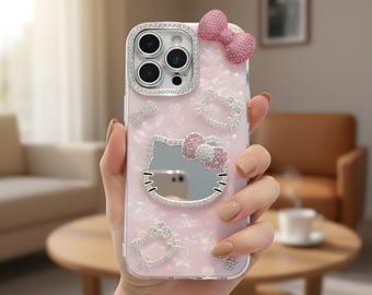 3D Kawaii Hello Kitty Mirror Glitter Phone Case for iPhone 17 16 15 14 13 12 Pro Max Shockproof Cover