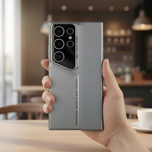 Op de afbeelding: Een zilveren smartphonehoesje met een ontwerp van een camera met meerdere lenzen. De hoes heeft de tekst "PROGRESS SPORTS CAR DESIGN" en "100X 1.1 024 13-69 ARH". De telefoonhoes wordt in de hand van een persoon gehouden.