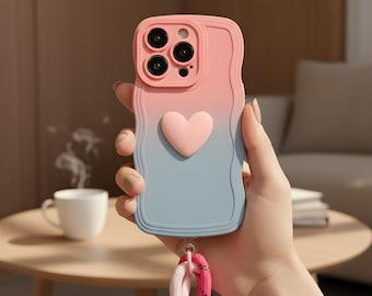 Gradient Heart Lanyard iPhone Case – Shockproof TPU with Wave Border for iPhone 11-17 Series