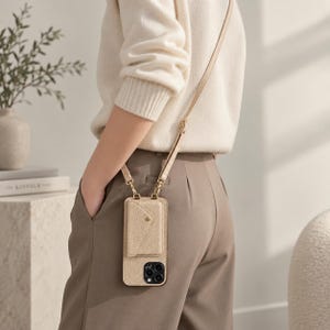 May include: A beige textured smartphone case with an integrated card holder pocket and a matching adjustable crossbody strap. The case features a pebbled finish, gold-tone hardware clips, and a cutout for the rear camera lens array.