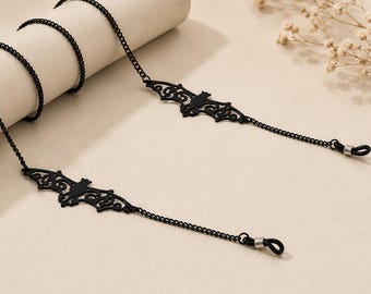 Chaîne pour lunettes gothique chauve-souris, cordon porte-lunettes punk noir, accessoires gothiques de sorcière, dragonne pour lunettes de soleil, cadeaux d'Halloween