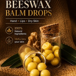 Może przedstawiać: Krople balsamu z wosku pszczelego w przezroczystym szklanym słoiku z korkiem. Tekst głosi BEESWAX BALM DROPS, Hand • Lips • Dry Skin, 100% Natural Ingredients oraz Melts into your skin. Żółte, kopułowe krople balsamu są rozsypane wokół słoika.