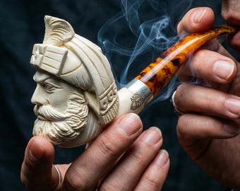 Pipa de espuma de mar tallada a mano con diseño de cabeza de guerrero. Pipa de tabaco turca única de Eskisehir, hecha a mano. Pipa de coleccionista ideal para regalar.