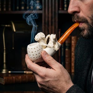 Hand Carved Ram and Wolf Meerschaum Pipe with Amber Stem, Turkish Artisan Tobacco Pipe, Animal Figure Smoking Pipe, Collectible Pipe Gift