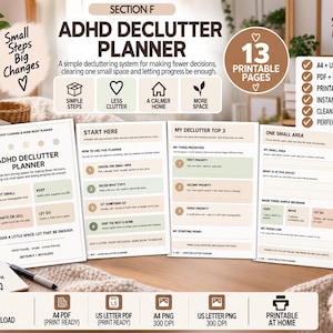Könnte beinhalten: Ein digitales ADHS-Aufräumplaner-Set mit 13 druckbaren Seiten in einem klaren, neutralen Design. Die Dokumente enthalten Abschnitte zum schrittweisen Vorgehen, zur Priorisierung von Aufgaben und zur Verwaltung spezifischer Bereiche in A4- und US-Letter-Formaten.