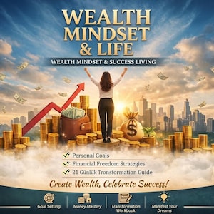 May include: An image promoting "Wealth Mindset & Life." It features a woman with arms raised, standing on a stack of coins, with a cityscape in the background. The image includes a red arrow, a wallet, and a money bag. Text includes "Personal Goals" and "Create Wealth, Celebrate Success!"
