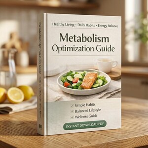 May include: A book titled "Metabolism Optimization Guide" with text about healthy living, daily habits, and energy balance. The cover features a plate of food and a cup. The book is on a wooden surface with lemons in the background.