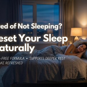 Op de afbeelding: Een persoon die slaapt in een bed met grijs beddengoed. De afbeelding bevat de tekst: "Moe van niet slapen? Reset je slaap op natuurlijke wijze. Drugsvrije formule. Ondersteunt diepere rust. Wakker worden verfrist."