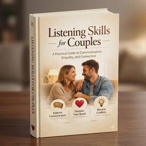 以下が含まれることがあります： 「Listening Skills for Couples」というタイトルの本で、ベージュ色の表紙です。表紙には、笑顔のカップルの写真と、コミュニケーションの改善、絆の深化、対立の解決のためのアイコンが描かれています。本は木製の表面にあります。