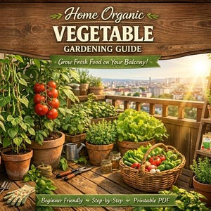 May include: A vibrant image showcasing a balcony garden with various vegetables and herbs in terracotta pots. A basket overflows with fresh produce. The text reads "Home Organic Vegetable Gardening Guide - Grow Fresh Food on Your Balcony!" and "Beginner Friendly Step-by-Step Printable PDF."