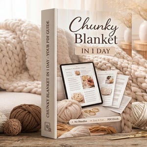 Könnte beinhalten: Ein Buch mit dem Titel "Chunky Blanket in 1 Day" mit einem PDF-Leitfaden, einem Tablet mit Anweisungen und mehreren Garnknäueln. Die Szene umfasst eine grob gestrickte Decke, eine Schere und Trockenblumen, alles in neutralen Tönen.
