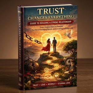 Puede incluir: Un libro de tapa dura titulado "TRUST CHANGES EVERYTHING" con una pareja tomados de la mano en la portada. La portada presenta una luz en forma de corazón, una paloma y el texto "GUIDE TO BUILDING A STRONG RELATIONSHIP". El lomo dice "TRUST CHANGES EVERYTHING".