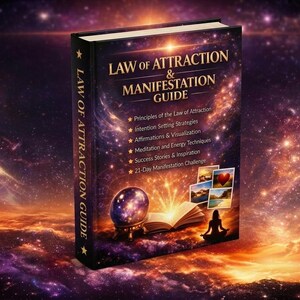 May include: A book titled "Law of Attraction & Manifestation Guide" with a starry background. The cover features the title, a crystal ball, an open book, and a meditating figure. The spine reads "Law of Attraction Guide".