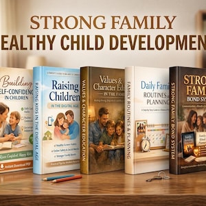 May include: A selection of parenting books, including titles such as "Building Self-Confidence in Children" and "Raising Kids in the Digital Age." The books are displayed on a wooden surface, with the text "Strong Family Healthy Child Development."
