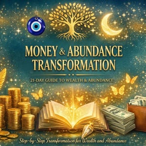 May include: Digital art promoting wealth and abundance. The image features stacks of gold coins, a book with light emanating from it, a wallet with cash, and the text "MONEY & ABUNDANCE TRANSFORMATION". Other elements include a tree, moon, butterflies, and an evil eye charm.