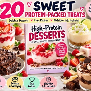 Op de afbeelding: Een kookboek getiteld High-Protein DESSERTS 20 SWEET PROTEIN-PACKED TREATS met een frambozencheesecake op de cover, omringd door diverse desserts waaronder brownies, een aardbeienparfait, een limoenmousse en een chocoladetrifle.