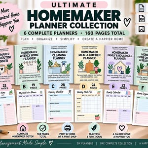 May include: A digital homemaker planner collection featuring six distinct planners with 160 total pages. The set includes daily, weekly, cleaning, meal, family, and organization planners, each with matching printable templates and icons.