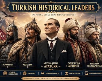 Pacchetto didattico sui leader storici turchi: libro biografico, poster stampabili e guida per gli insegnanti.