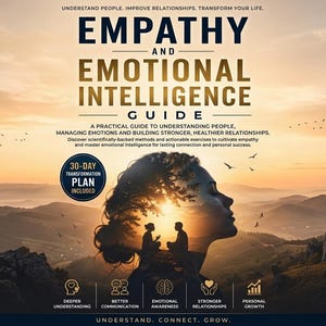 May include: Book cover titled "Empathy and Emotional Intelligence Guide." The cover features a woman's silhouette with a landscape overlay, and the text "30-Day Transformation Plan Included." The book promises to help readers understand people and improve relationships.