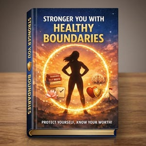 May include: A hardcover book titled "Stronger You With Healthy Boundaries." The cover features a silhouette of a person inside a glowing circle, with supporting graphics. The book's spine reads "Stronger You Boundaries."