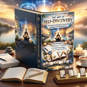 以下が含まれることがあります： 「The Art of Self-Discovery」というタイトルの本で、表紙には瞑想する人が描かれています。画像には、日記、ワークシート、コンパス、紅茶、ろうそくが含まれており、すべて木製のテーブルの上に配置され、美しい背景が広がっています。