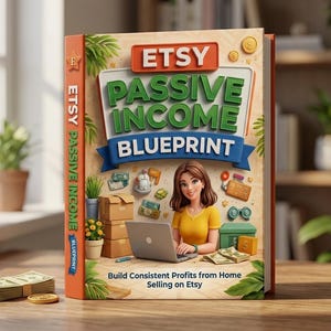 Puede incluir: Un libro titulado "ETSY PASSIVE INCOME BLUEPRINT" con una mujer usando una laptop. La portada presenta el logo de Etsy, una pancarta e ilustraciones de dinero y paquetes. El libro promete ayudar a generar ganancias consistentes vendiendo en Etsy.