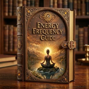 Puede incluir: Un libro decorativo titulado "Energy Frequency Guide" con una ilustración detallada en la portada. La portada presenta a una mujer meditando frente a un lago con un sol radiante, y el libro está asegurado con una correa de cuero. El libro está sobre una superficie de madera.