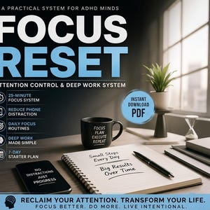 May include: Image promoting the "Focus Reset" system for ADHD minds. The image features a notebook with handwritten text, a black mug, a smartphone, and a plant. The text includes "25-minute focus system" and "Instant Download PDF."